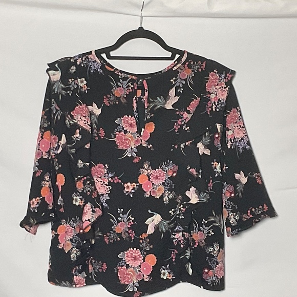 Women's Black Floral Blouse with pink and peach flowers. Size Large - Picture 2 of 4